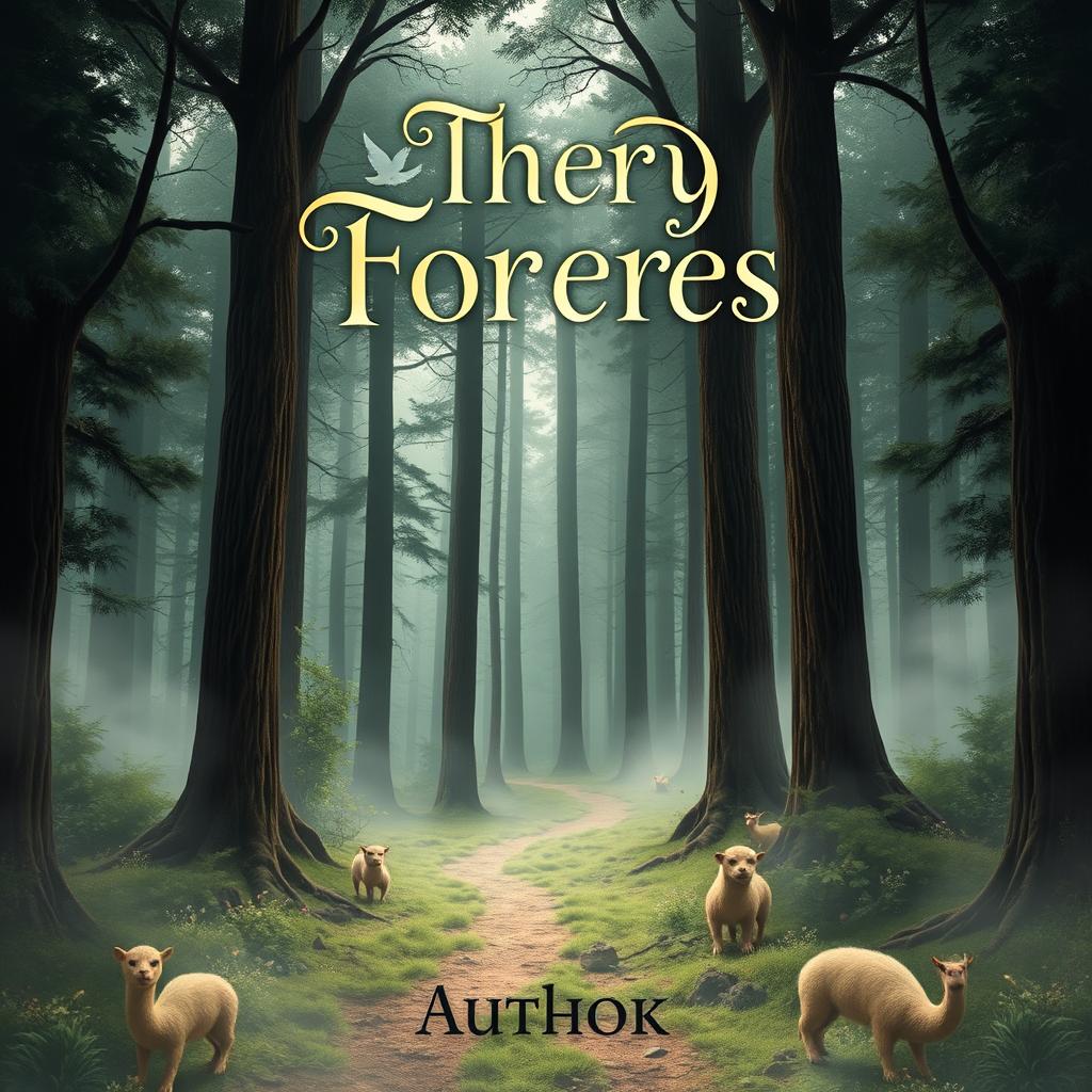 A captivating book cover design that features a mysterious forest with tall, ancient trees shrouded in mist