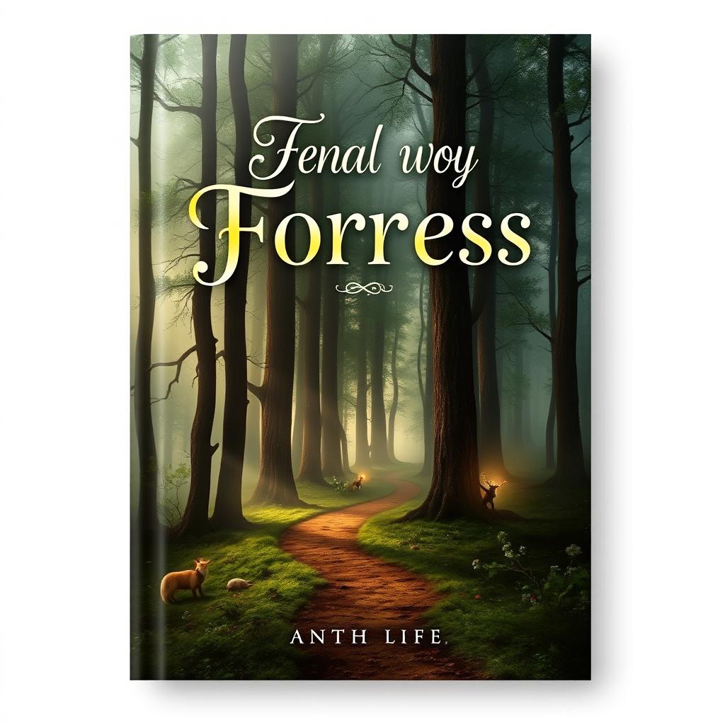 A captivating book cover design that features a mysterious forest with tall, ancient trees shrouded in mist