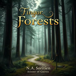 A captivating book cover design that features a mysterious forest with tall, ancient trees shrouded in mist