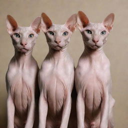 Four hairless cats showcasing their sleek skin and unique features.