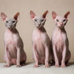 Four hairless cats showcasing their sleek skin and unique features.