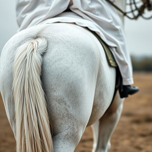 Close-up view of the legs of a white horse with a rider wearing a flowing white tunic, capturing only the rider's back and legs