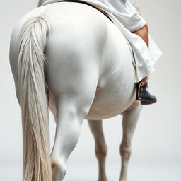 Close-up view of the legs of a white horse with a rider wearing a flowing white tunic, capturing only the rider's back and legs