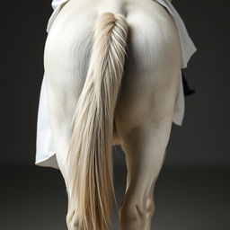 Close-up view of the legs of a white horse with a rider wearing a flowing white tunic, capturing only the rider's back and legs