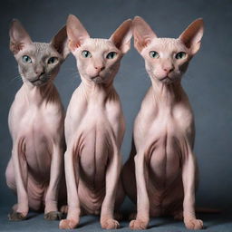 Four hairless cats showcasing their sleek skin and unique features.