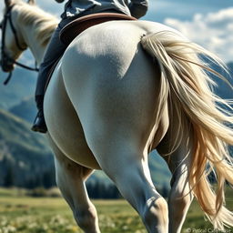 Close-up of the legs of a white horse with a rider visible from behind, showing the rider's back and legs, as the horse gallops toward majestic mountains in the background