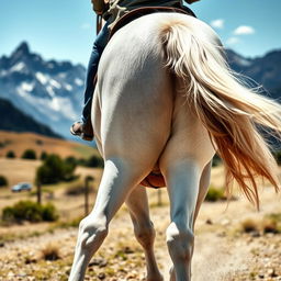 Close-up of the legs of a white horse with a rider visible from behind, showing the rider's back and legs, as the horse gallops toward majestic mountains in the background