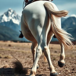 Close-up of the legs of a white horse with a rider visible from behind, showing the rider's back and legs, as the horse gallops toward majestic mountains in the background