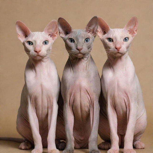 Four hairless cats showcasing their sleek skin and unique features.