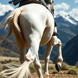 Close-up of the legs of a white horse with a rider visible from behind, showing the rider's back and legs, as the horse gallops toward majestic mountains in the background