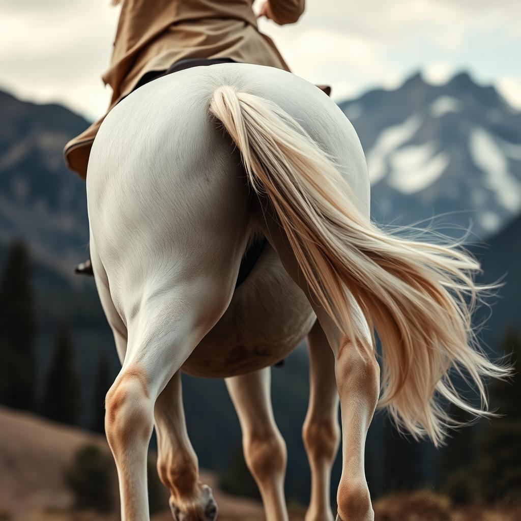 Close-up of the legs of a white horse with a rider prominently displayed from behind, focusing more on the rider's back and legs