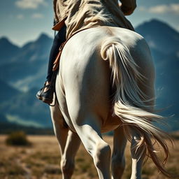 Close-up of the legs of a white horse with a rider prominently displayed from behind, focusing more on the rider's back and legs