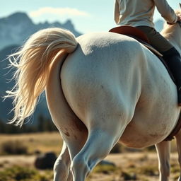 Close-up of the legs of a white horse with a rider prominently displayed from behind, focusing more on the rider's back and legs