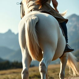 Close-up of the legs of a white horse with a rider prominently displayed from behind, focusing more on the rider's back and legs