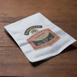 Close-up shot of a Rizzler rolling paper packet prominently displayed on a wooden table.