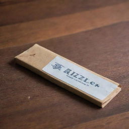 Close-up shot of a Rizzler rolling paper packet prominently displayed on a wooden table.