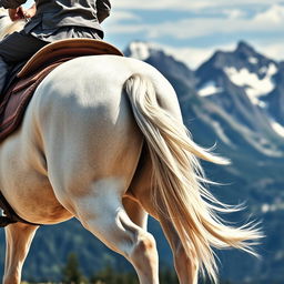 American shot of the legs of a white horse with a rider on top, clearly showing the rider's back and legs