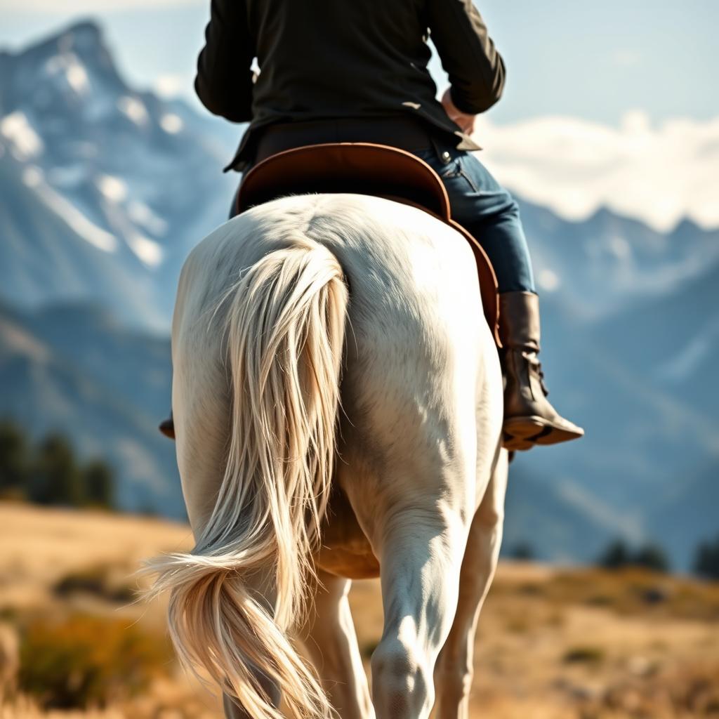 American shot of the legs of a white horse with a rider on top, clearly showing the rider's back and legs