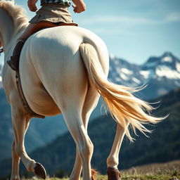 American shot of the legs of a white horse with a rider on top, clearly showing the rider's back and legs