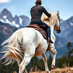 American shot of the legs of a white horse with a rider on top, clearly showing the rider's back and legs