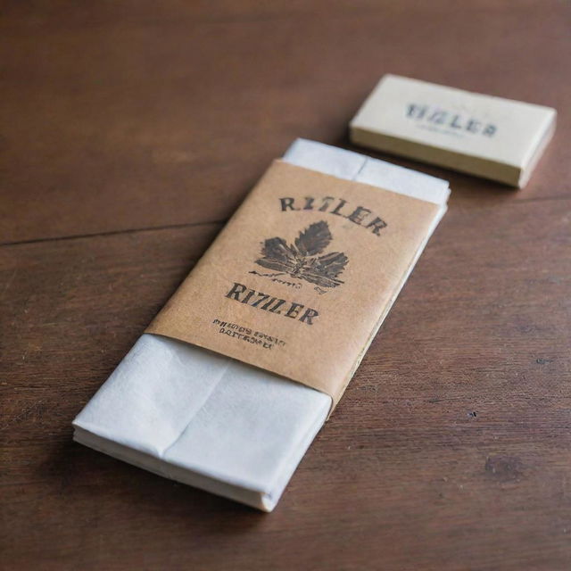 Close-up shot of a Rizzler rolling paper packet prominently displayed on a wooden table.