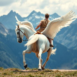 American shot of the legs of a white horse with wings, featuring a young man in a tunic as the rider, clearly showing the rider's back and legs