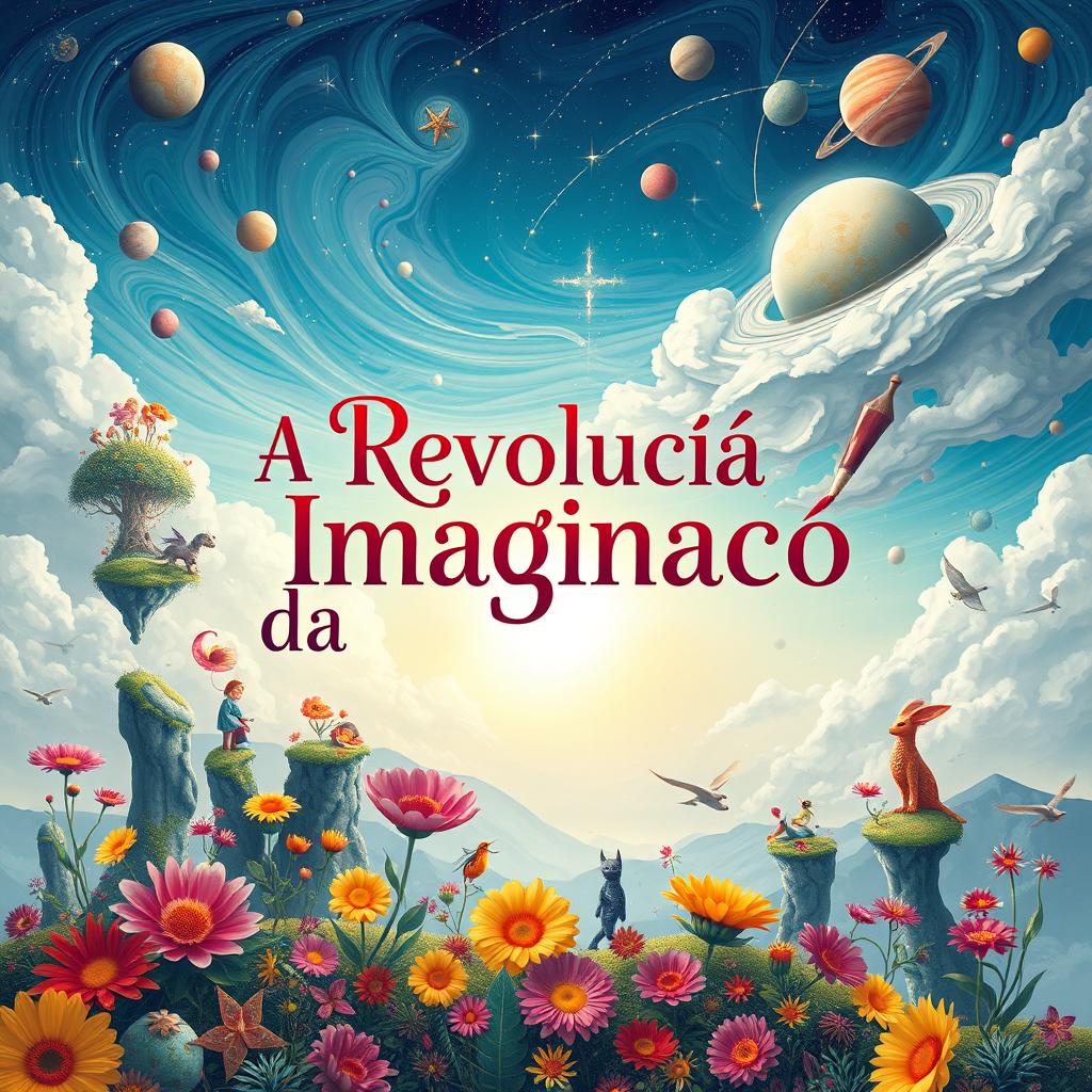 A stunning book cover for the title 'A Revolução da Imaginação', featuring a colorful and whimsical landscape that embodies creativity and imagination