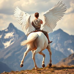 American shot of the legs of a white horse with wings, featuring a young man in a tunic as the rider, clearly showing the rider's back and legs