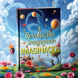 A stunning book cover for the title 'A Revolução da Imaginação', featuring a colorful and whimsical landscape that embodies creativity and imagination