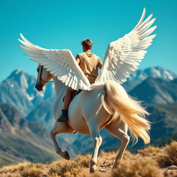 American shot of the legs of a white horse with wings, featuring a young man in a tunic as the rider, clearly showing the rider's back and legs