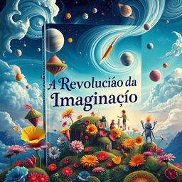 A stunning book cover for the title 'A Revolução da Imaginação', featuring a colorful and whimsical landscape that embodies creativity and imagination