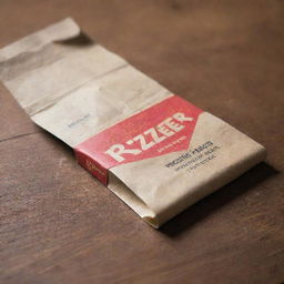 Close-up shot of a Rizzler rolling paper packet prominently displayed on a wooden table.