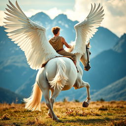 American shot of the legs of a white horse with wings, featuring a young man in a tunic as the rider, clearly showing the rider's back and legs