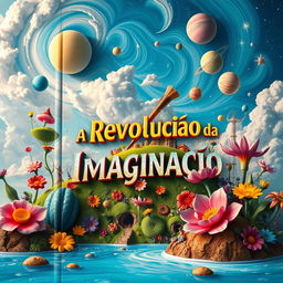 A stunning book cover for the title 'A Revolução da Imaginação', featuring a colorful and whimsical landscape that embodies creativity and imagination