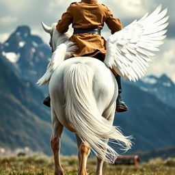 American shot of the legs of a white horse with wings, featuring a young man dressed in attire from a different era as the rider, clearly showing the rider's back and legs