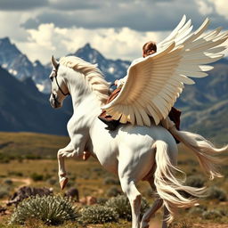 American shot of the legs of a white horse with wings, featuring a young man dressed in attire from a different era as the rider, clearly showing the rider's back and legs