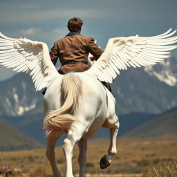 American shot of the legs of a white horse with wings, featuring a young man dressed in attire from a different era as the rider, clearly showing the rider's back and legs