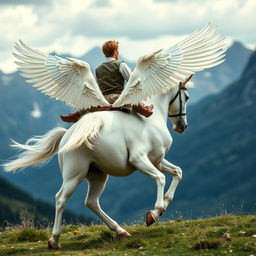 American shot of the legs of a white horse with wings, featuring a young man dressed in attire from a different era as the rider, clearly showing the rider's back and legs