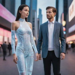 Produce an image of a woman and a man from the year 2030, wearing projected future fashions, equipped with advanced wearables, and interacting with AI guided devices in a contemporary cityscape