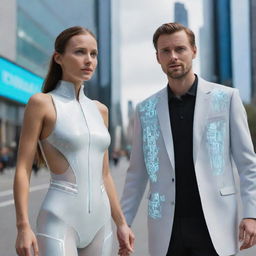 Produce an image of a woman and a man from the year 2030, wearing projected future fashions, equipped with advanced wearables, and interacting with AI guided devices in a contemporary cityscape