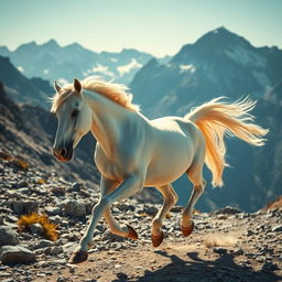 A strong white horse running towards mountains along a rocky path, with only the legs of a rider visible, wearing sandals