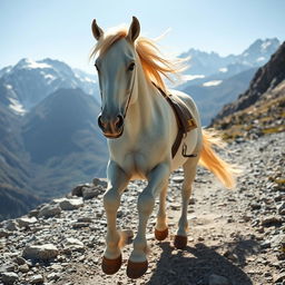 A strong white horse running towards mountains along a rocky path, with only the legs of a rider visible, wearing sandals