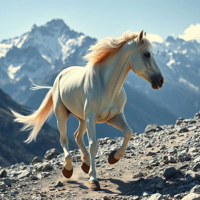 A strong white horse running towards mountains along a rocky path, with only the legs of a rider visible, wearing sandals