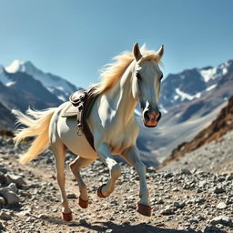 A strong white horse running towards mountains along a rocky path, with only the legs of a rider visible, wearing sandals