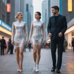 Produce an image of a woman and a man from the year 2030, wearing projected future fashions, equipped with advanced wearables, and interacting with AI guided devices in a contemporary cityscape