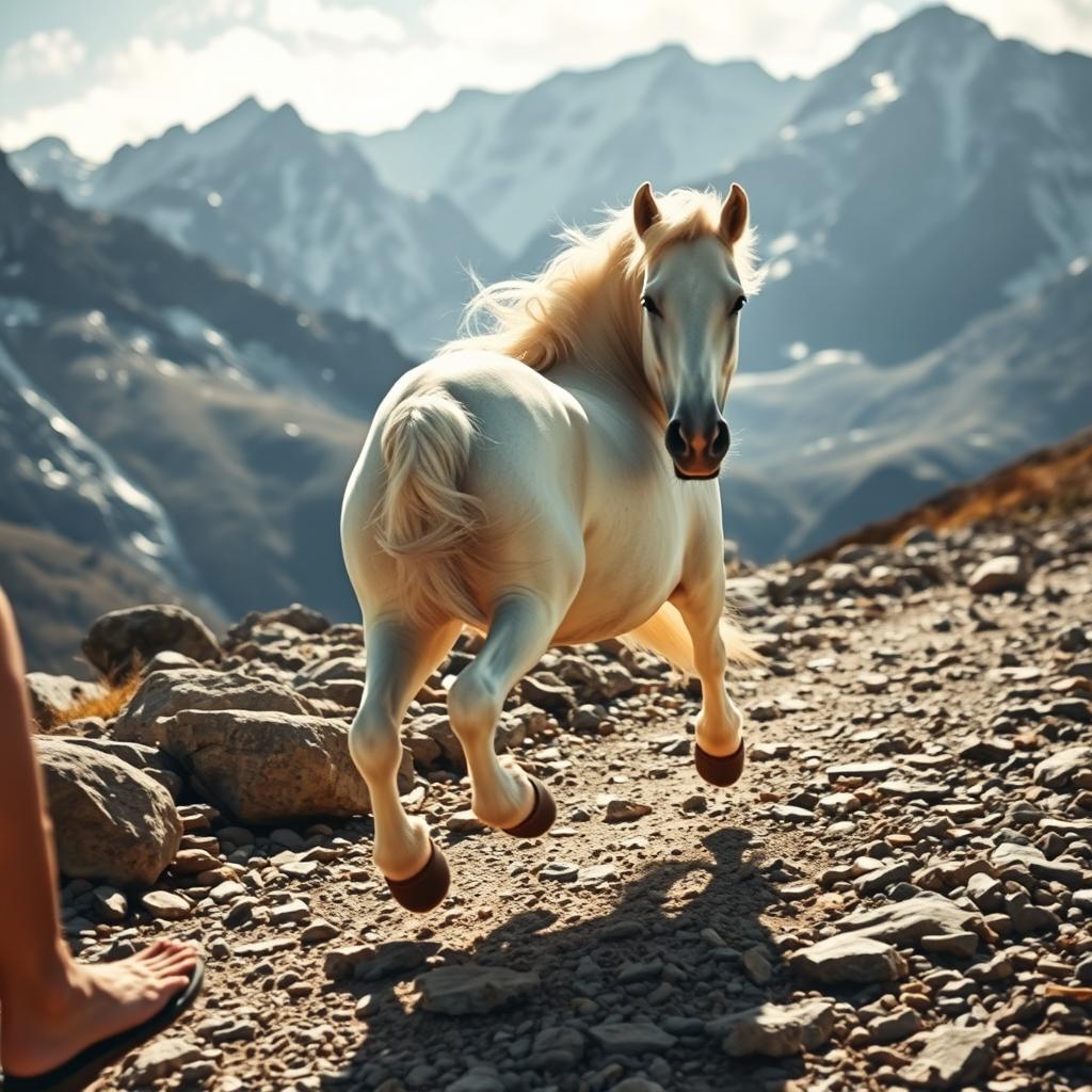 A strong white horse running towards mountains along a rocky path, with only the legs of a man visible, wearing sandals