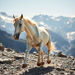 A strong white horse running towards mountains along a rocky path, with only the legs of a man visible, wearing sandals