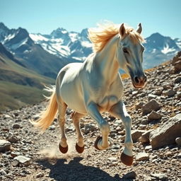 A strong white horse running towards mountains along a rocky path, with only the legs of a man visible, wearing sandals