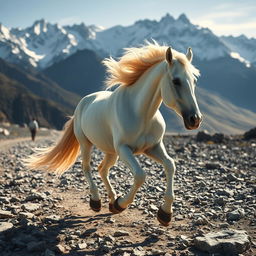 A strong white horse running towards mountains along a rocky path, with only the legs of a man visible, wearing sandals