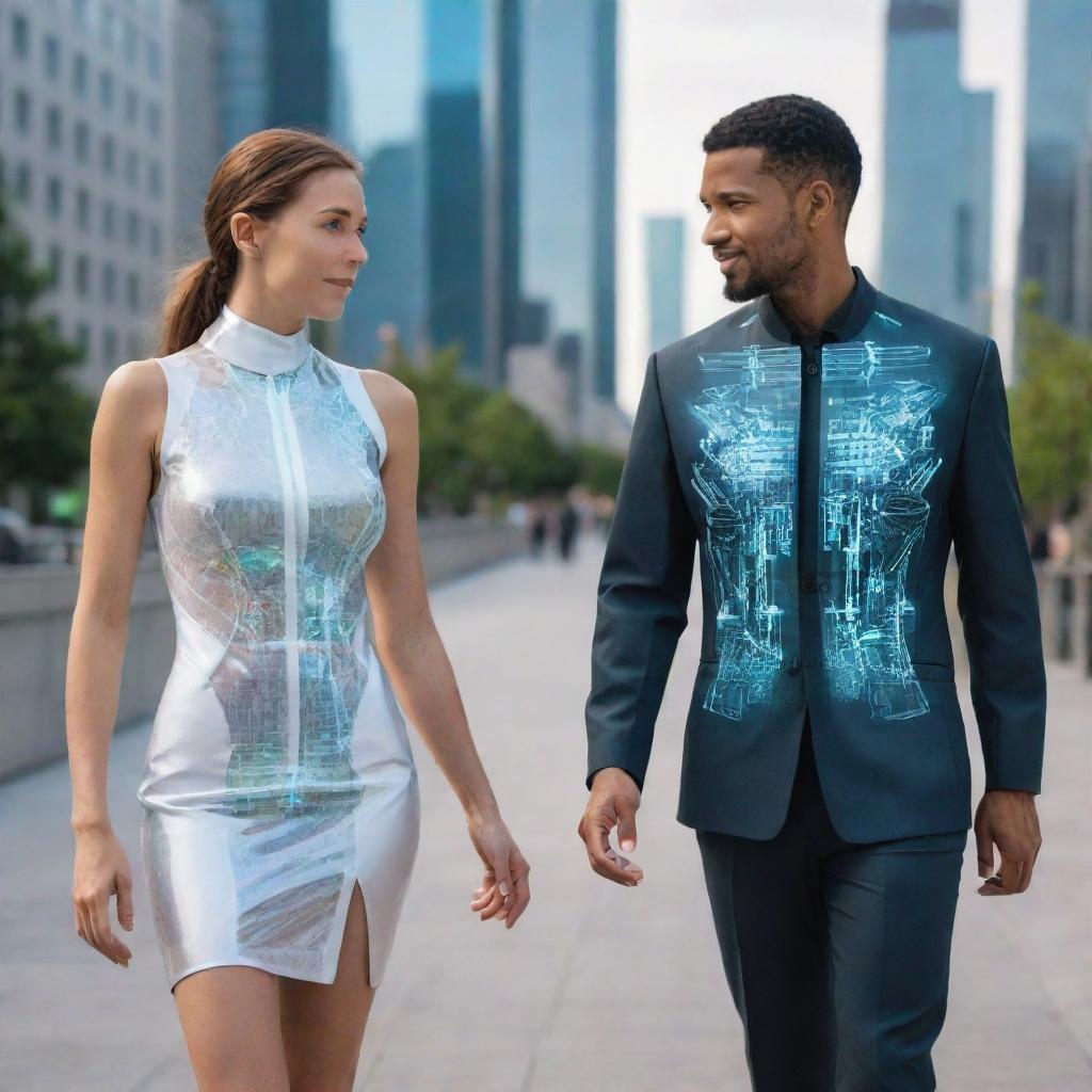 Produce an image of a woman and a man from the year 2030, wearing projected future fashions, equipped with advanced wearables, and interacting with AI guided devices in a contemporary cityscape